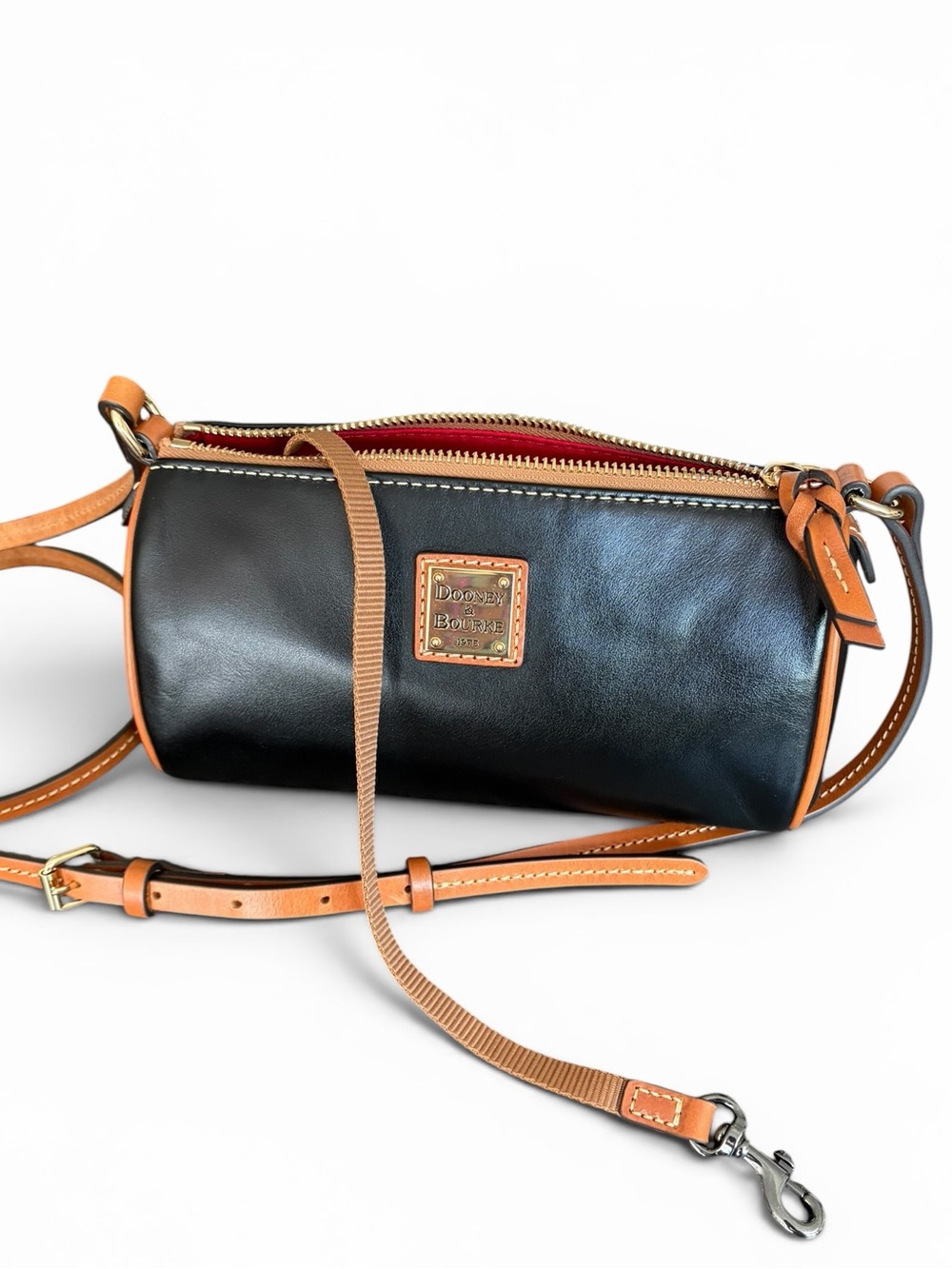 Dooney & Bourke Buffy Crossbody Black with Tan Trim Leather Barrel Crossbody - Picture 12 of 16